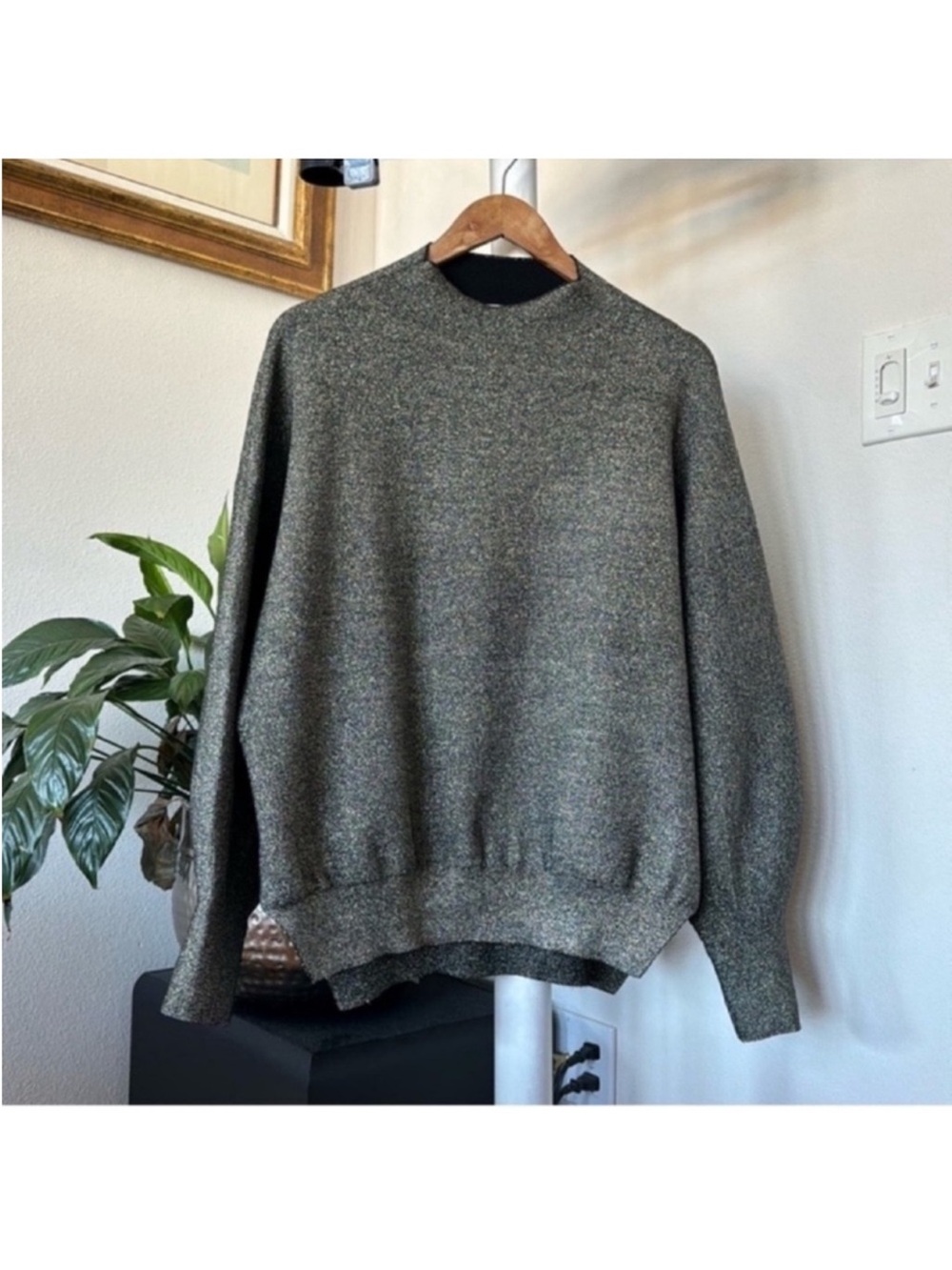 H&M Oversized Metallic Silver Glitter Sparkly Sweater Sz M Mock Side Slits